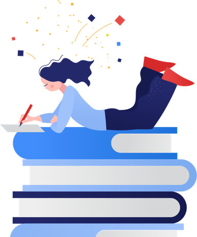 girl laying on a stack of books